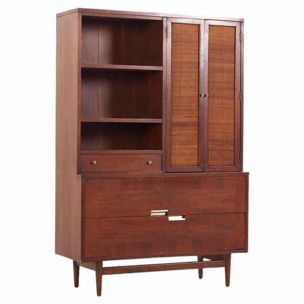 merton gershun for american of martinsville mid century walnut and cane bookcase hutch