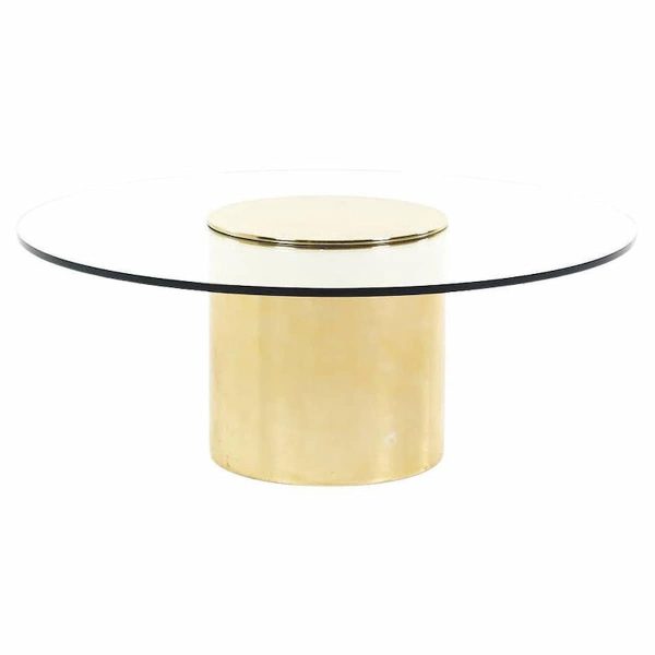 paul mayén mid century round brass coffee table with glass top