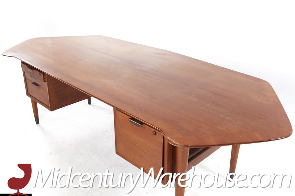 standard mid century walnut boomerang executive desk