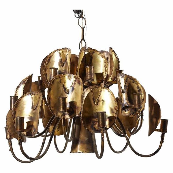 tom green for feldman mid century brass brutalist 18 light chandelier
