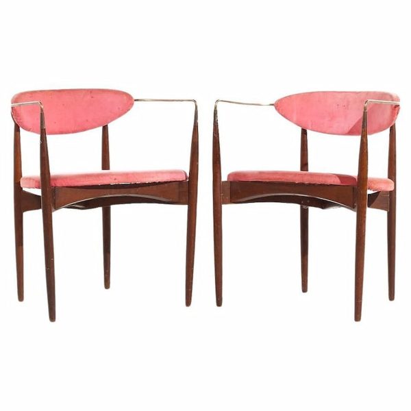 dan johnson for selig mid century brass and walnut viscount chairs - pair
