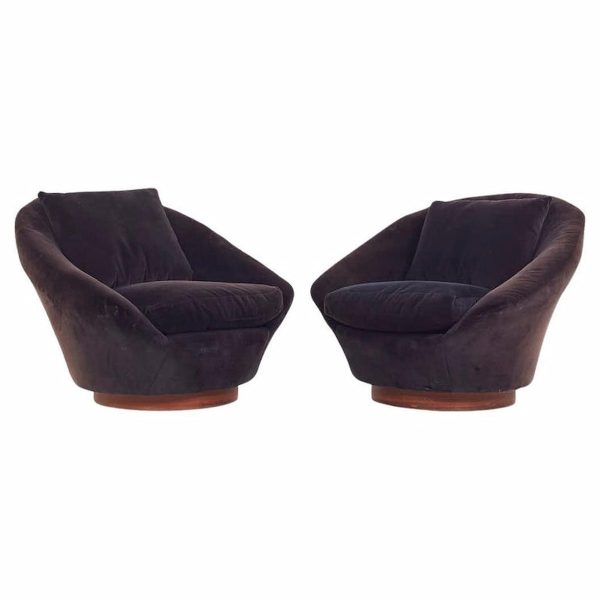 Milo Baughman Style Mid Century Walnut Swivel Lounge Chairs - Pair