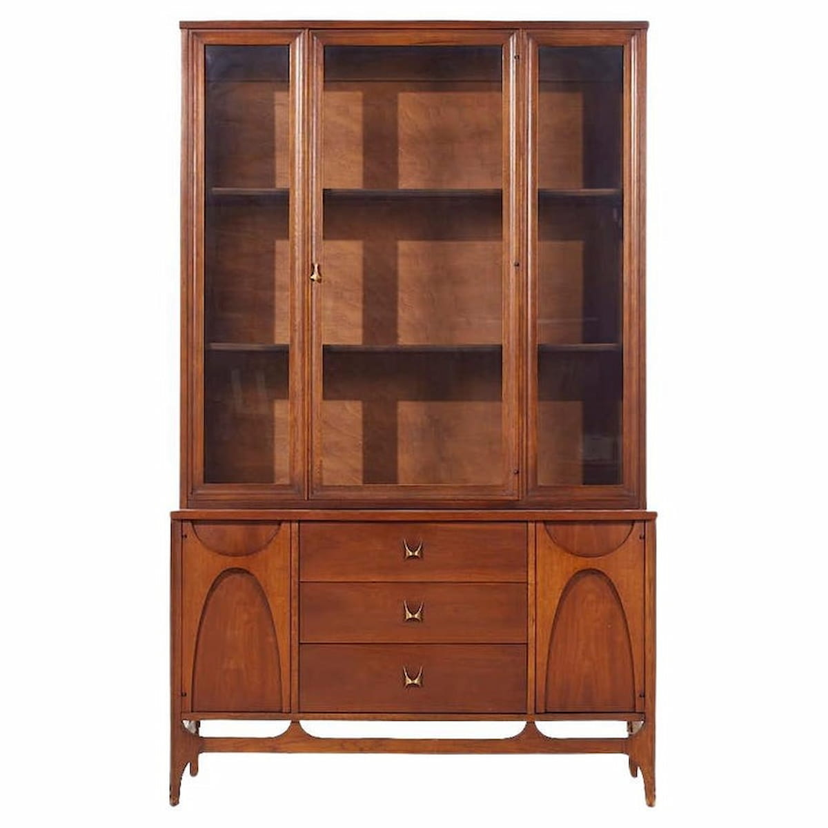 Broyhill Brasilia Mid Century Walnut and Brass Buffet and Hutch