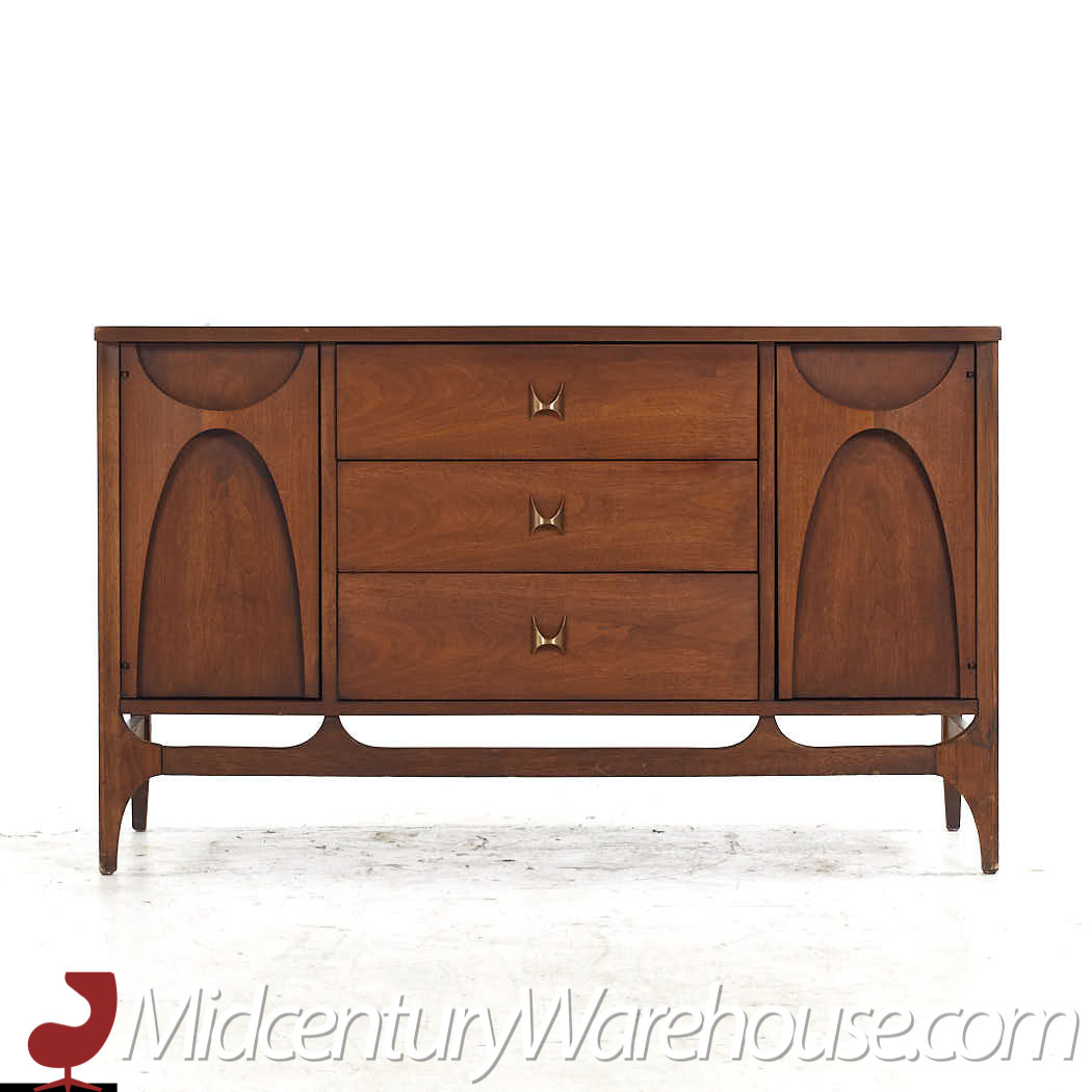 Broyhill Brasilia Mid Century Walnut and Brass China Cabinet Credenza and Hutch