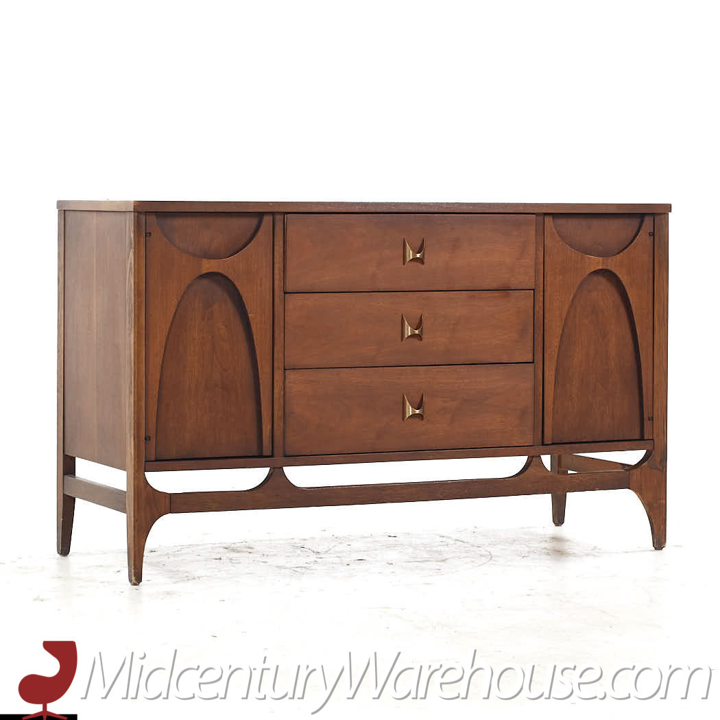 Broyhill Brasilia Mid Century Walnut and Brass China Cabinet Credenza and Hutch