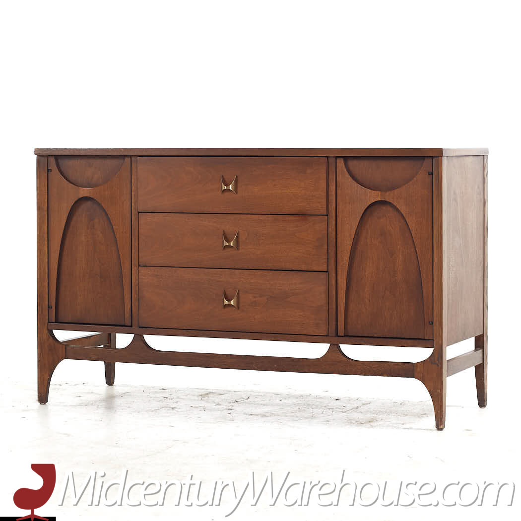 Broyhill Brasilia Mid Century Walnut and Brass China Cabinet Credenza and Hutch