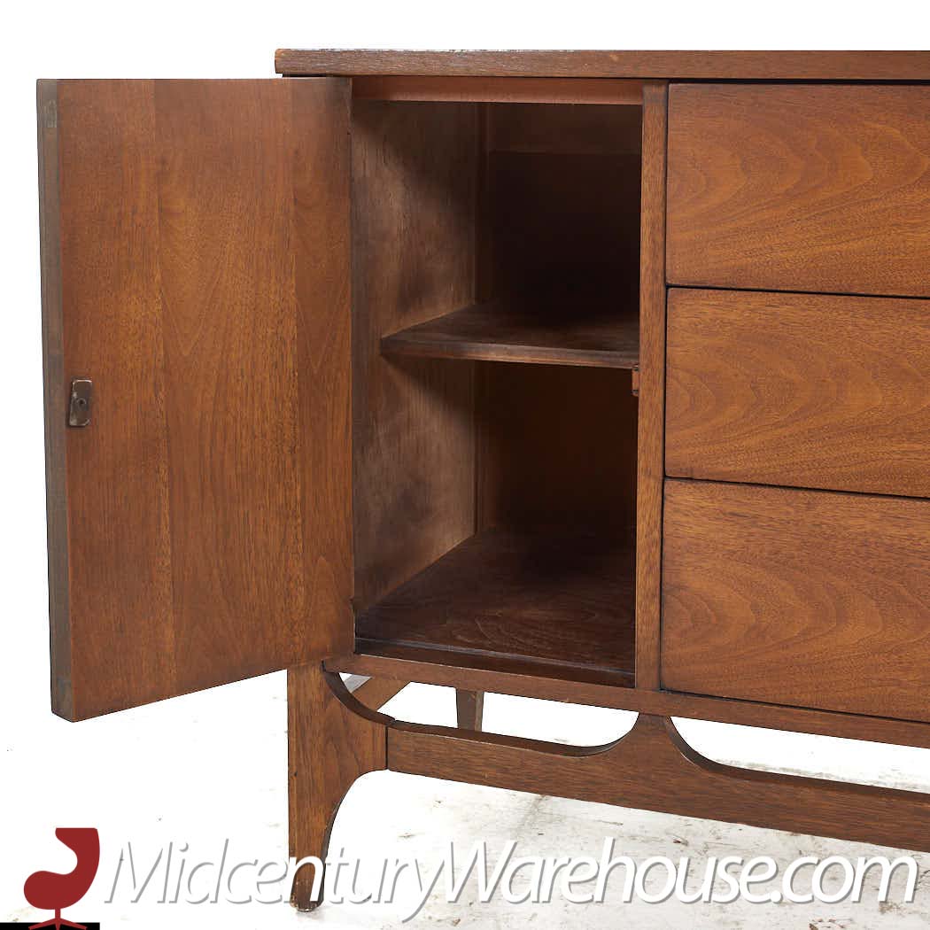 Broyhill Brasilia Mid Century Walnut and Brass China Cabinet Credenza and Hutch