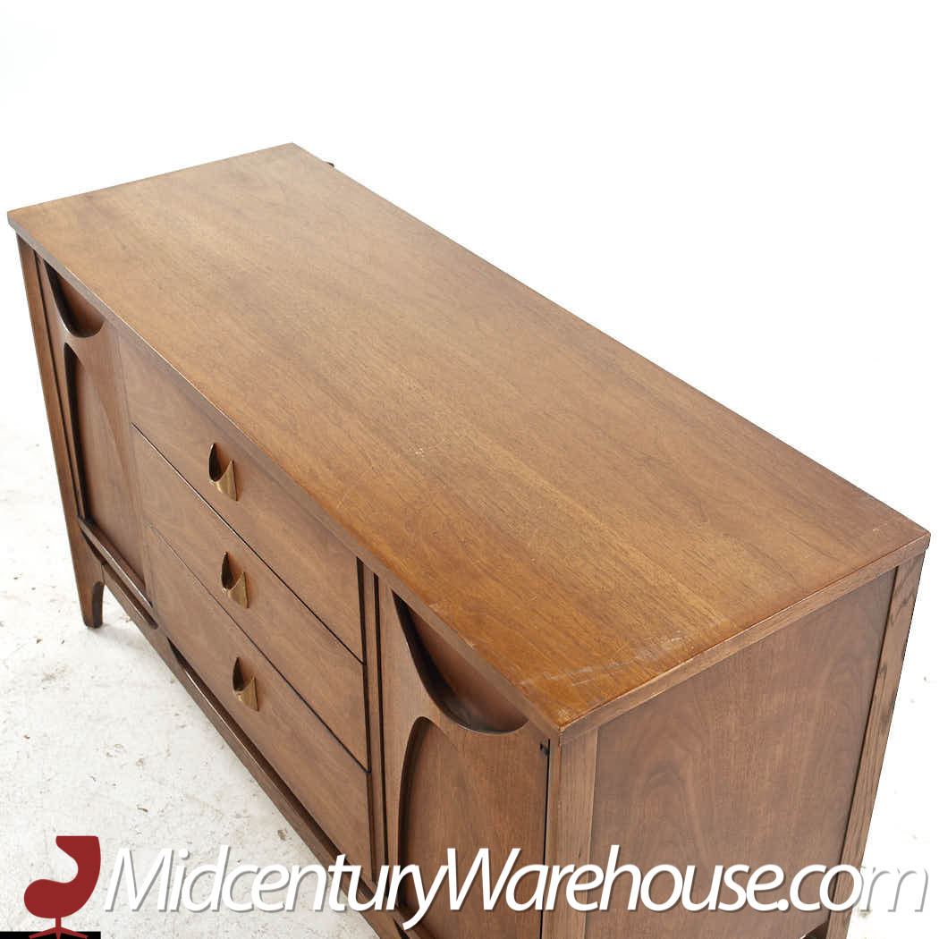 Broyhill Brasilia Mid Century Walnut and Brass China Cabinet Credenza and Hutch