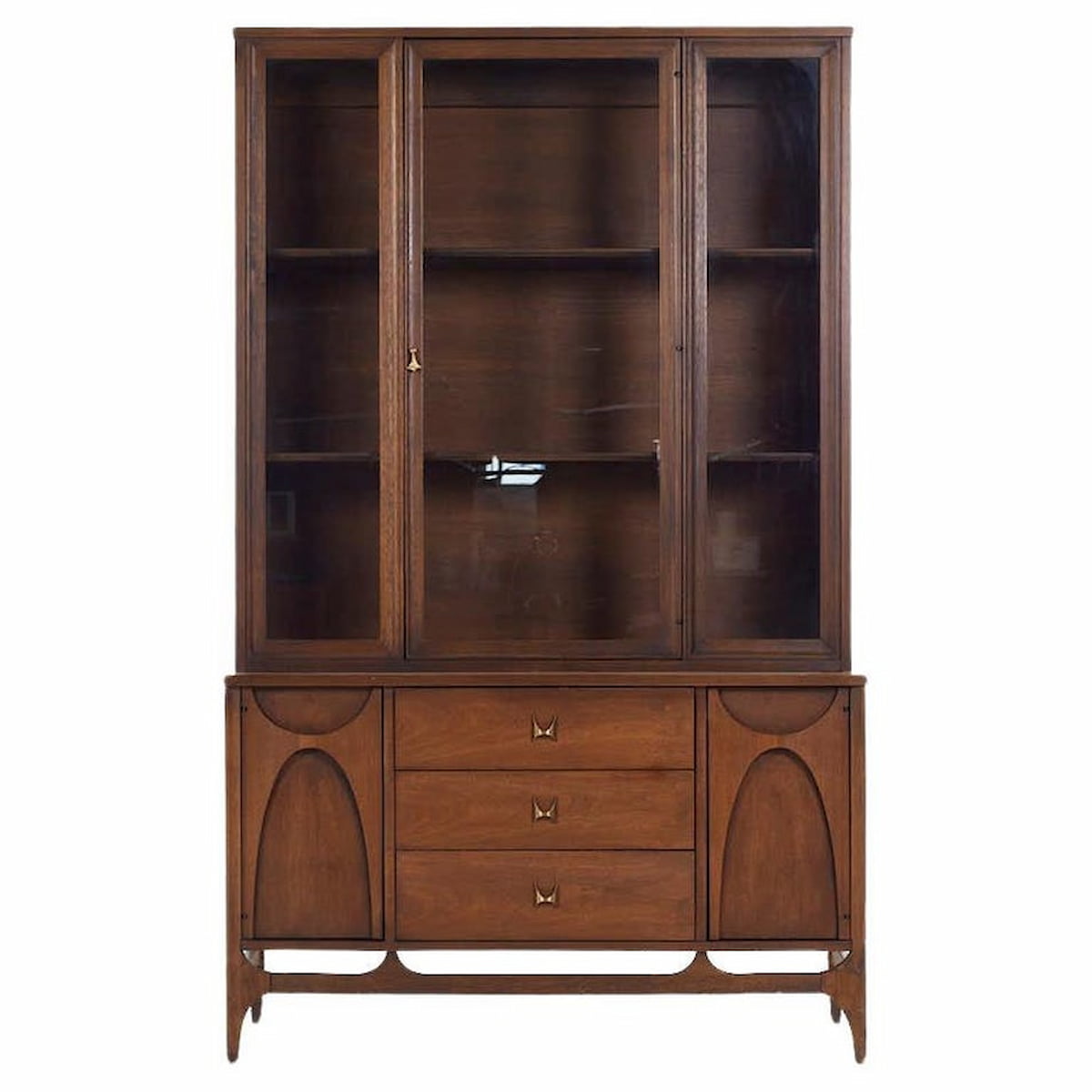 Broyhill Brasilia Mid Century Walnut and Brass China Cabinet Credenza and Hutch