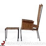 Frederick Weinberg Style Mid Century Wicker and Wrought Iron Chair and Ottoman