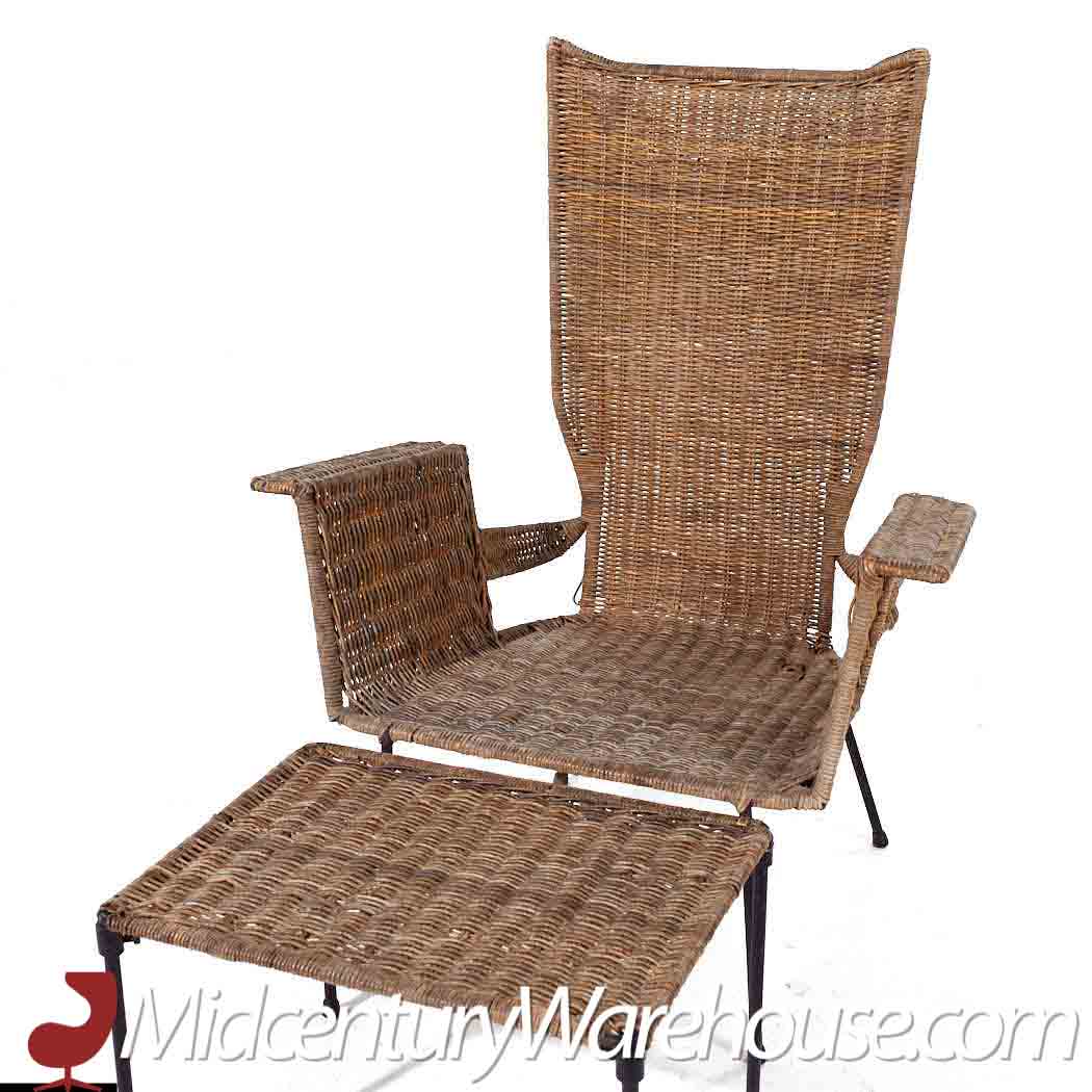 Frederick Weinberg Style Mid Century Wicker and Wrought Iron Chair and Ottoman