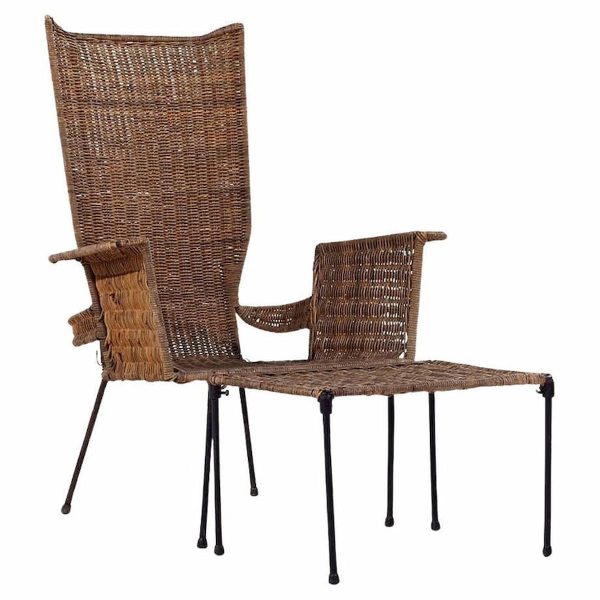 frederick weinberg style mid century wicker and wrought iron chair and ottoman