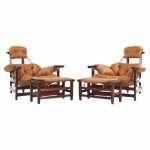 Jean Gillon Jangada Mid Century Brazilian Rosewood and Leather Lounge Chairs with Ottomans - Pair