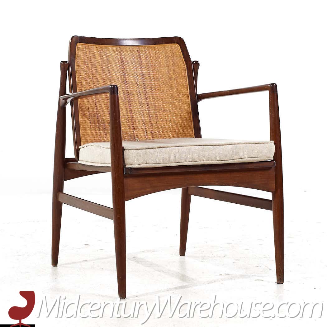 Kofod Larsen for Selig Mid Century Walnut and Cane Lounge Chairs - Pair