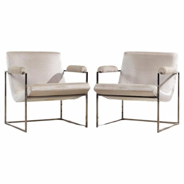 milo baughman for thayer coggin mid century chrome scoop lounge chairs - pair