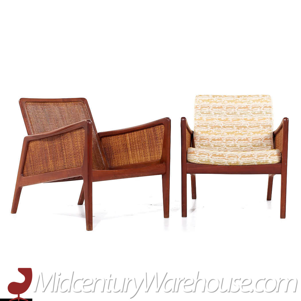 Peter Hvidt and Orla Mølgaard Nielsen Mid Century Teak and Rattan Lounge Chairs - Pair