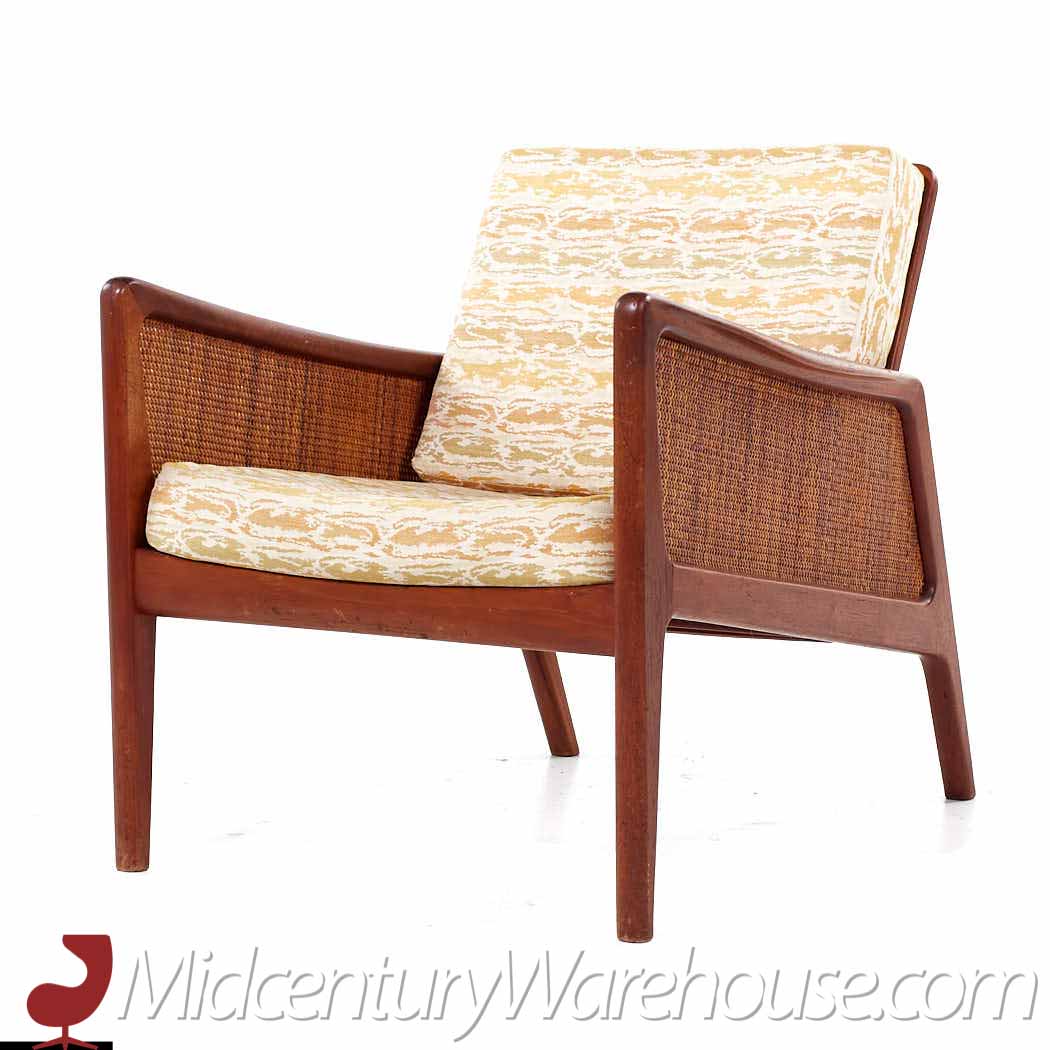 Peter Hvidt and Orla Mølgaard Nielsen Mid Century Teak and Rattan Lounge Chairs - Pair