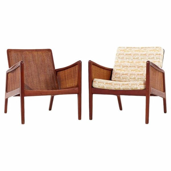 peter hvidt and orla mølgaard nielsen mid century teak and rattan lounge chairs - pair