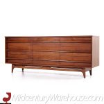 Young Manufacturing Mid Century Walnut Curved Lowboy 9 Drawer Dresser