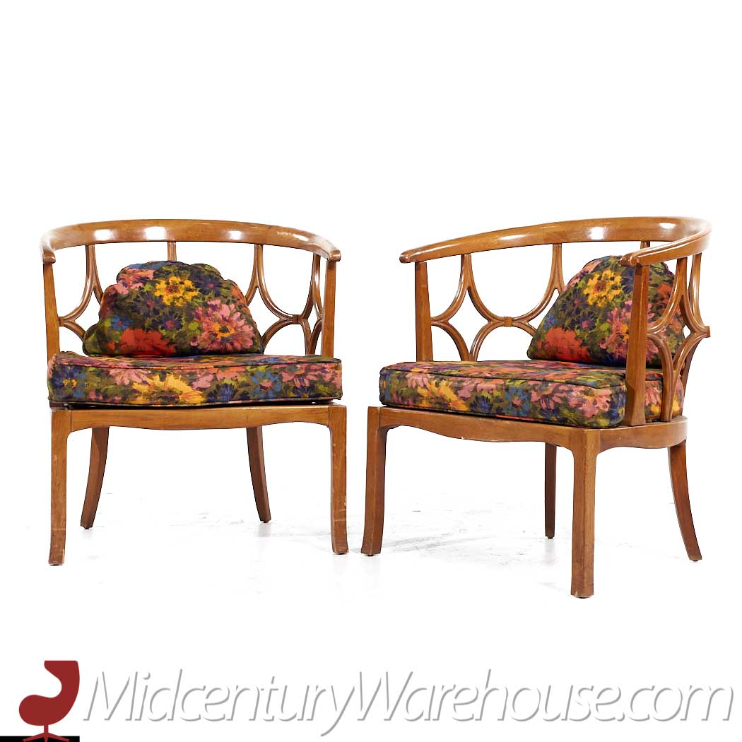 Billy Haines Mid Century Fruitwood Barrel Back Lounge Chairs - Pair
