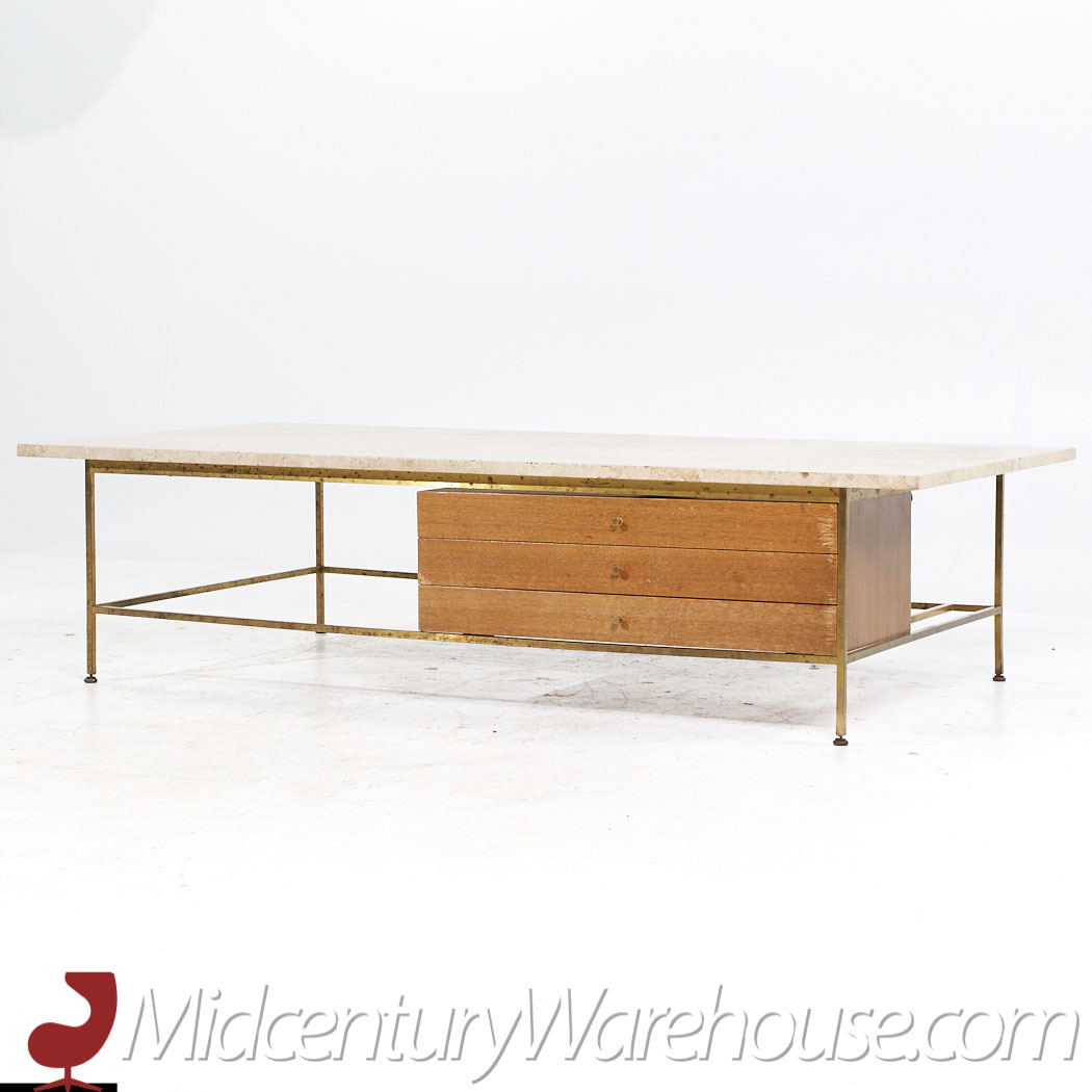 Paul Mccobb for Calvin Mid Century Travertine and Brass Coffee Table