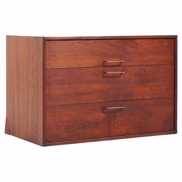 jens risom mid century walnut and brass wall mounted cabinet chest of drawers