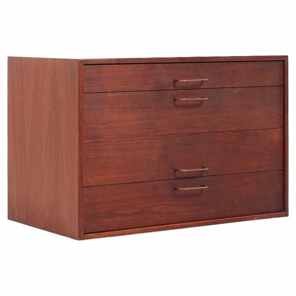 jens risom mid century walnut and brass wall mounted cabinet chest of drawers