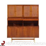 American of Martinsville Mid Century Walnut, Cane and Brass Credenza and Hutch