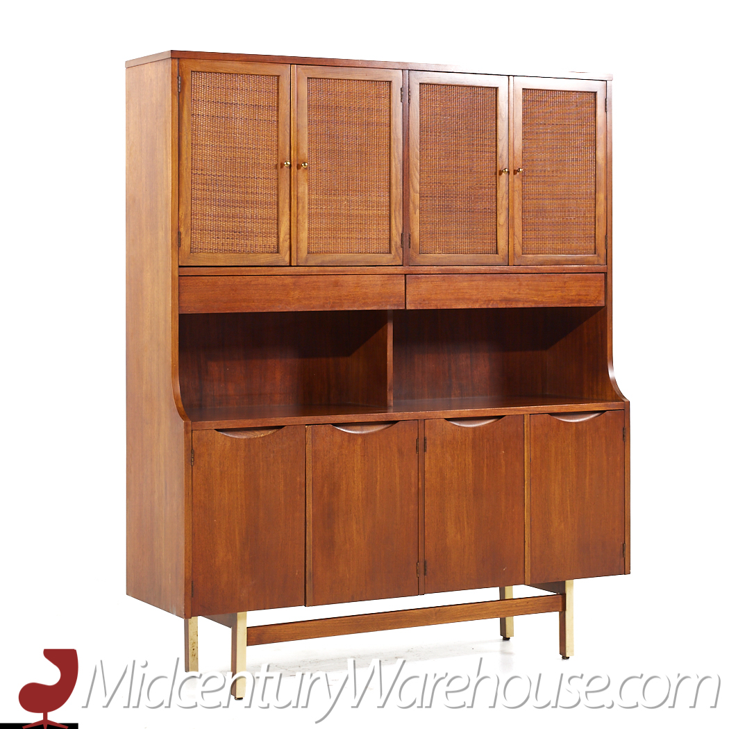 American of Martinsville Mid Century Walnut, Cane and Brass Credenza and Hutch