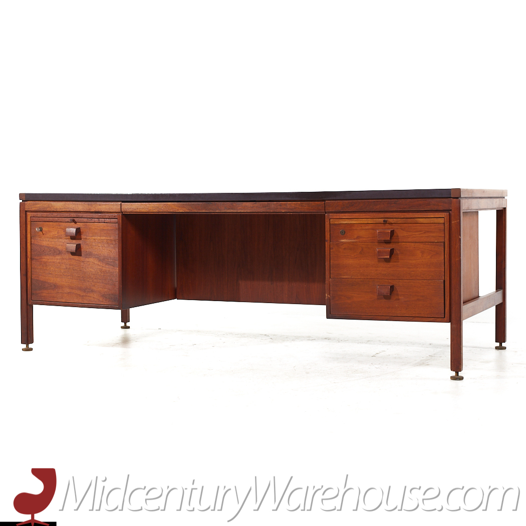 Jens Risom Mid Century Walnut and Leather Top Executive Desk