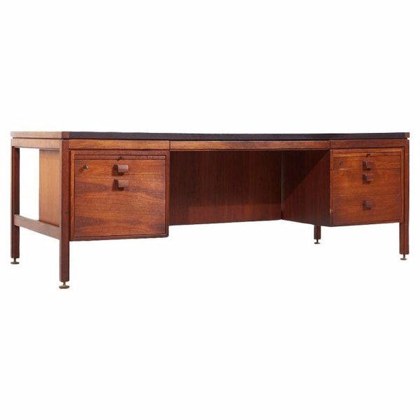 jens risom mid century walnut and leather top executive desk