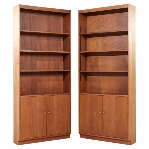 jens risom style mid century walnut bookcases - pair