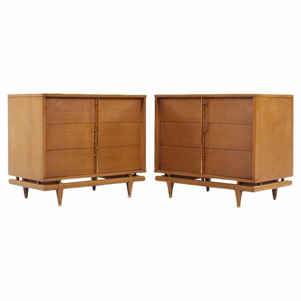 kent coffey sequence mid century walnut and brass 36" chests - pair