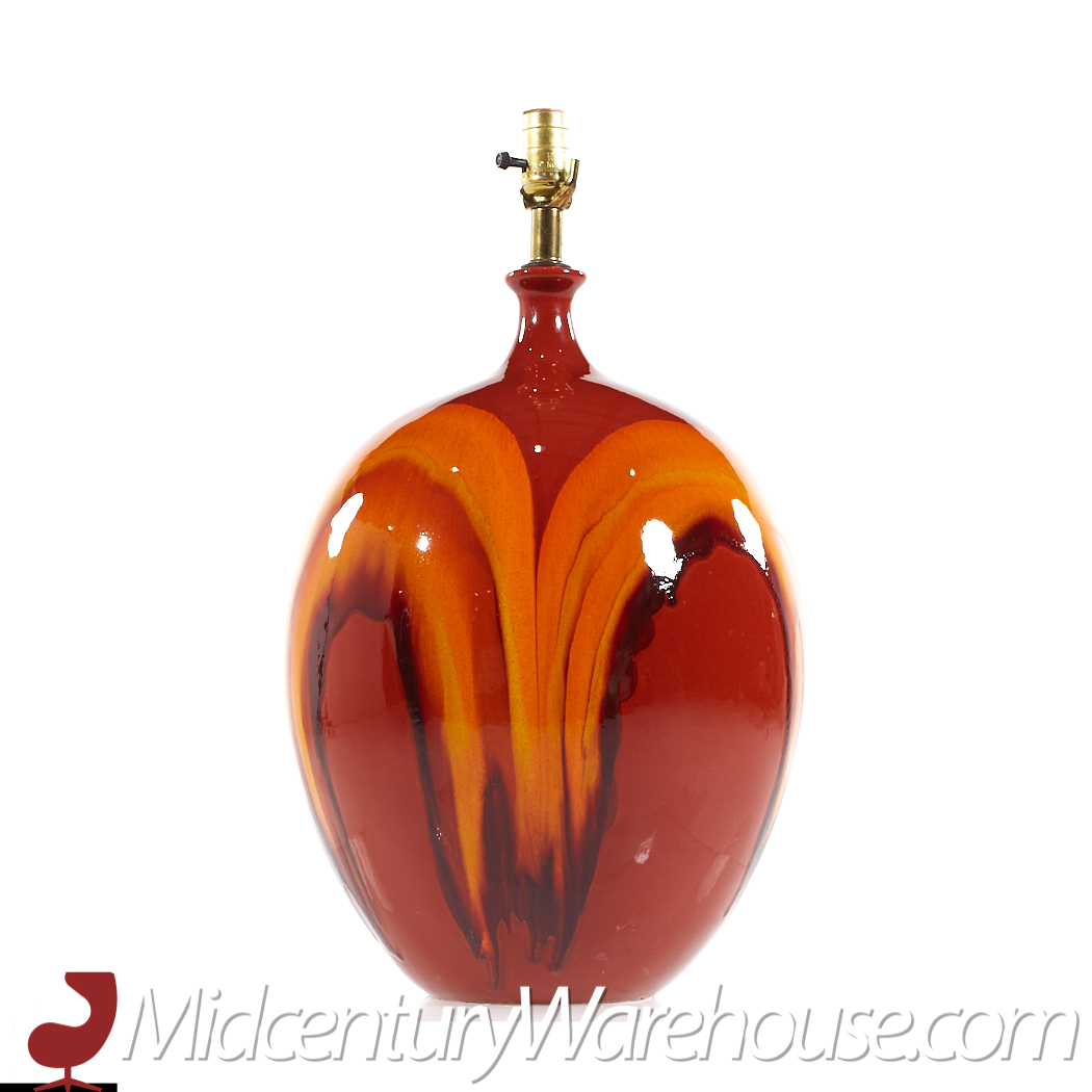 Mid Century Orange and Red Ceramic Drip Glaze Lamps -  Pair