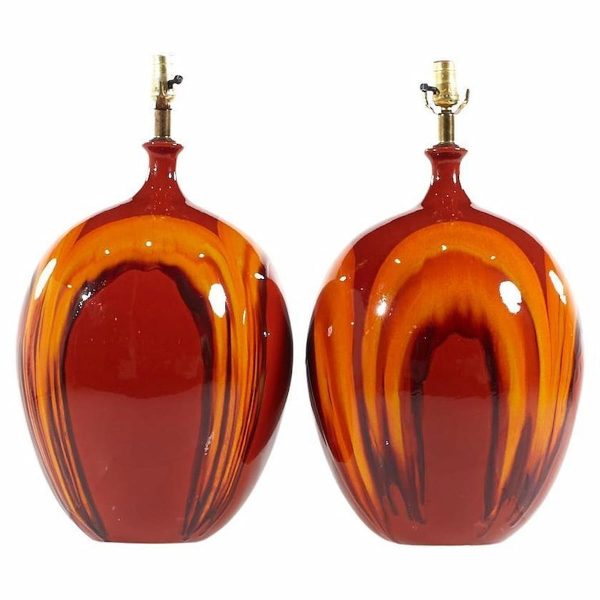 mid century orange and red ceramic drip glaze lamps -  pair
