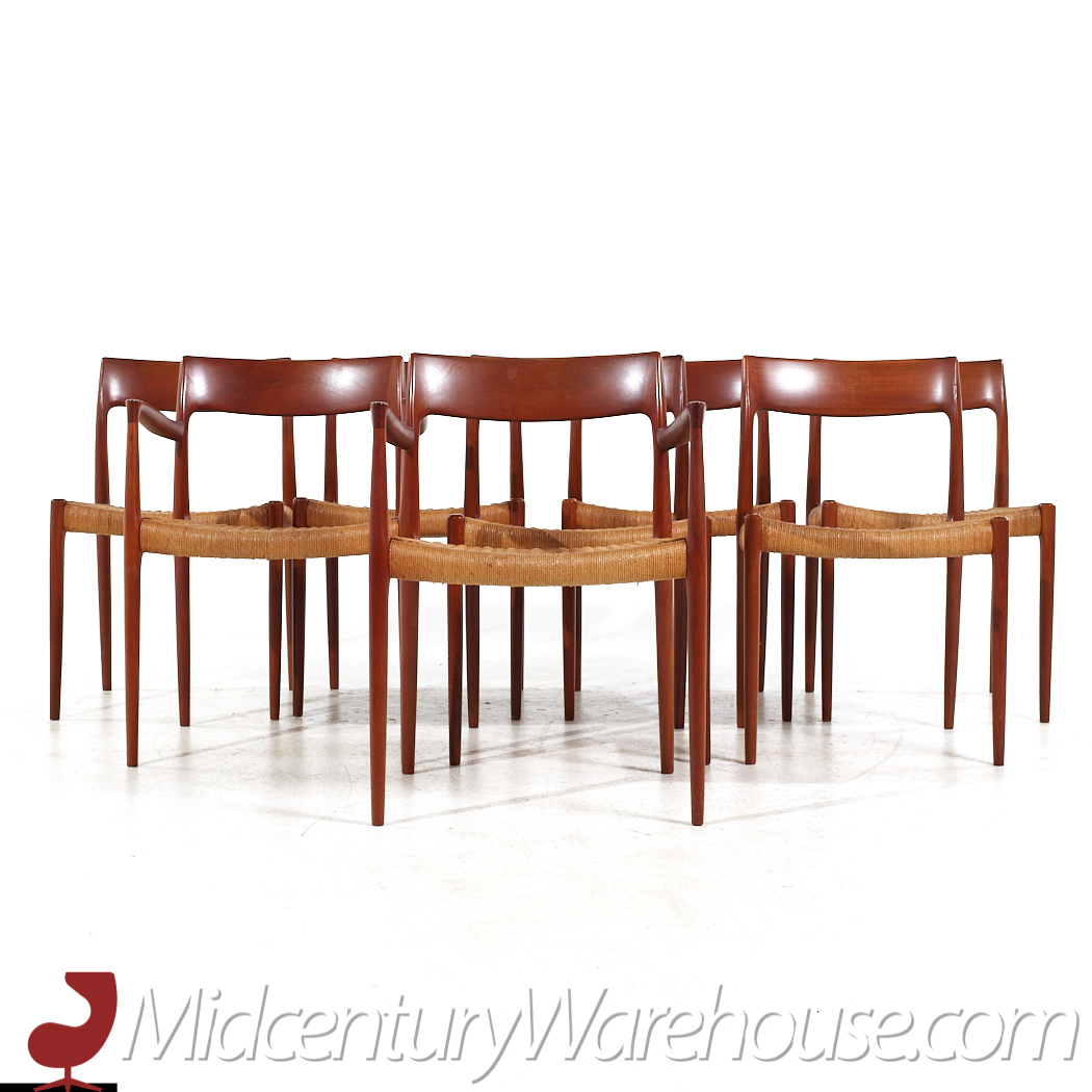 Niels Moller Model 57 and 77 Mid Century Danish Teak and Rope Dining Chairs - Set of 8