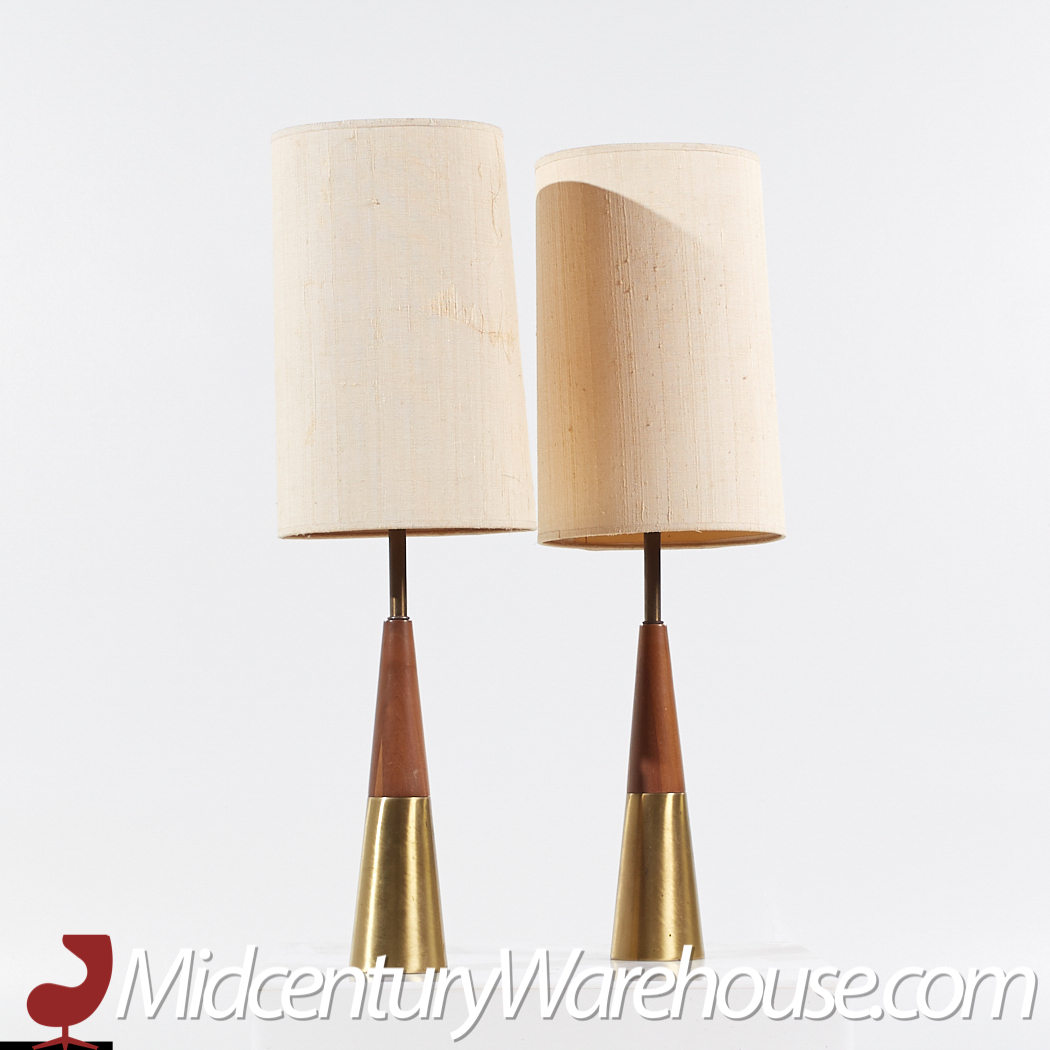 Tony Paul Mid Century Walnut and Brass Table Lamps - Pair