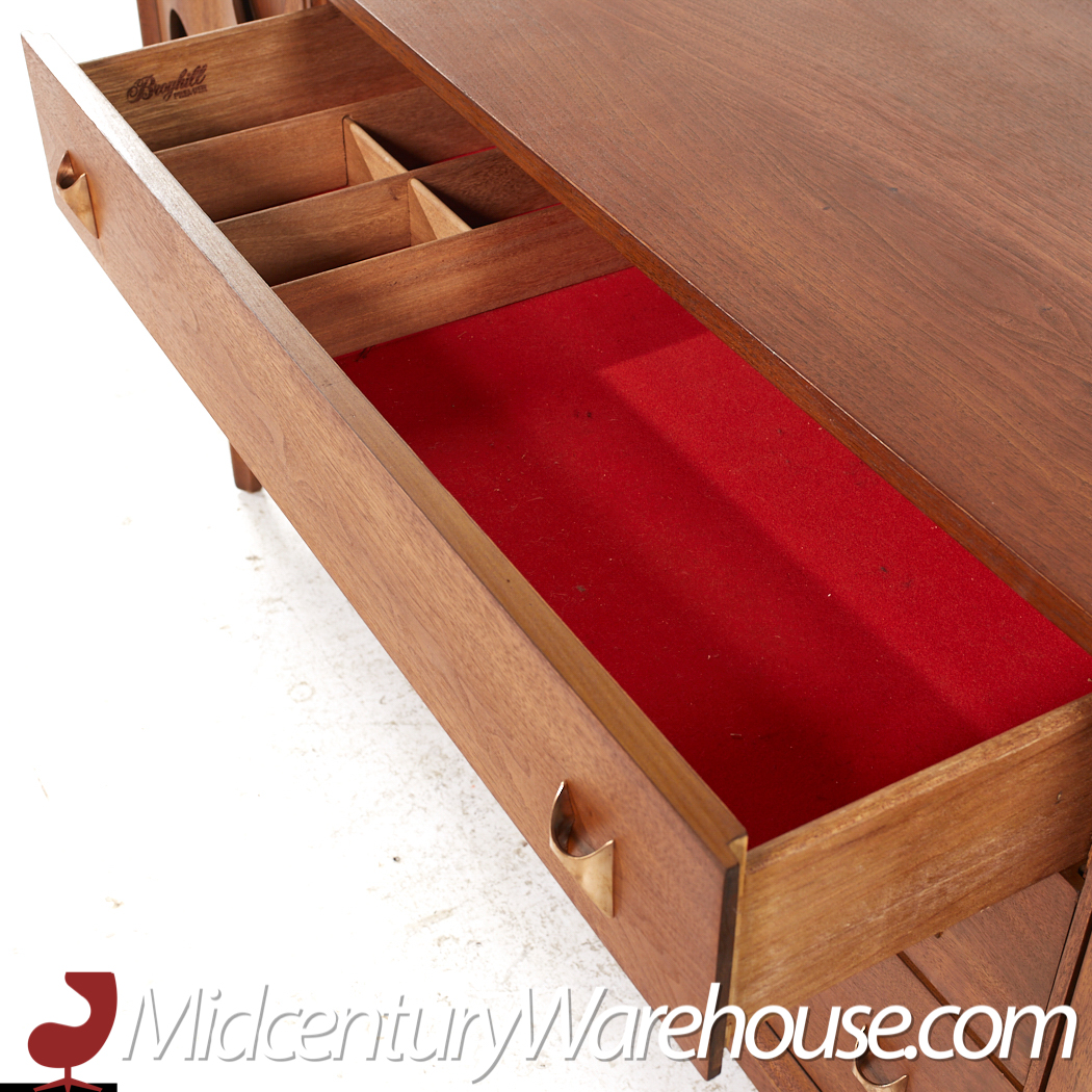 Broyhill Brasilia Mid Century Walnut 72 Inch 9 Drawer Lowboy Dresser