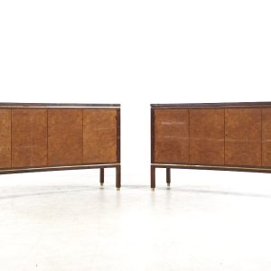 edward wormley for dunbar mid century curved front burlwood, mahogany and brass credenza - pair