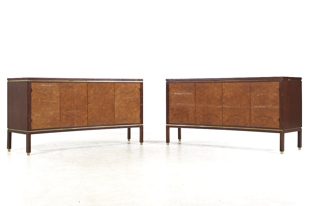 Edward Wormley for Dunbar Mid Century Curved Front Burlwood, Mahogany and Brass Credenza - Pair