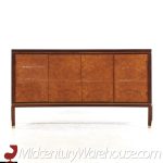 Edward Wormley for Dunbar Mid Century Curved Front Burlwood, Mahogany and Brass Credenza - Pair