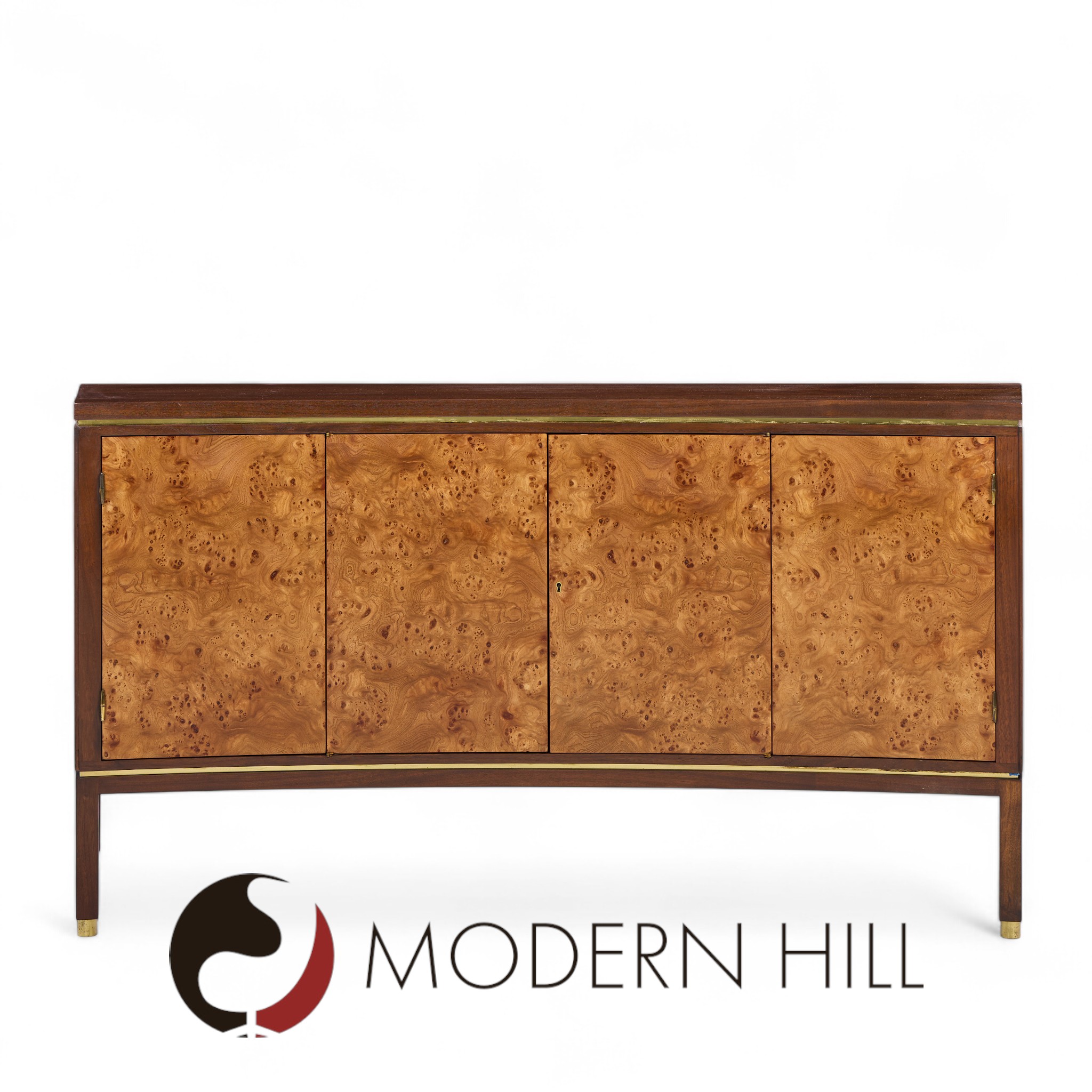 Edward Wormley for Dunbar Mid Century Curved Front Burlwood, Mahogany and Brass Credenza
