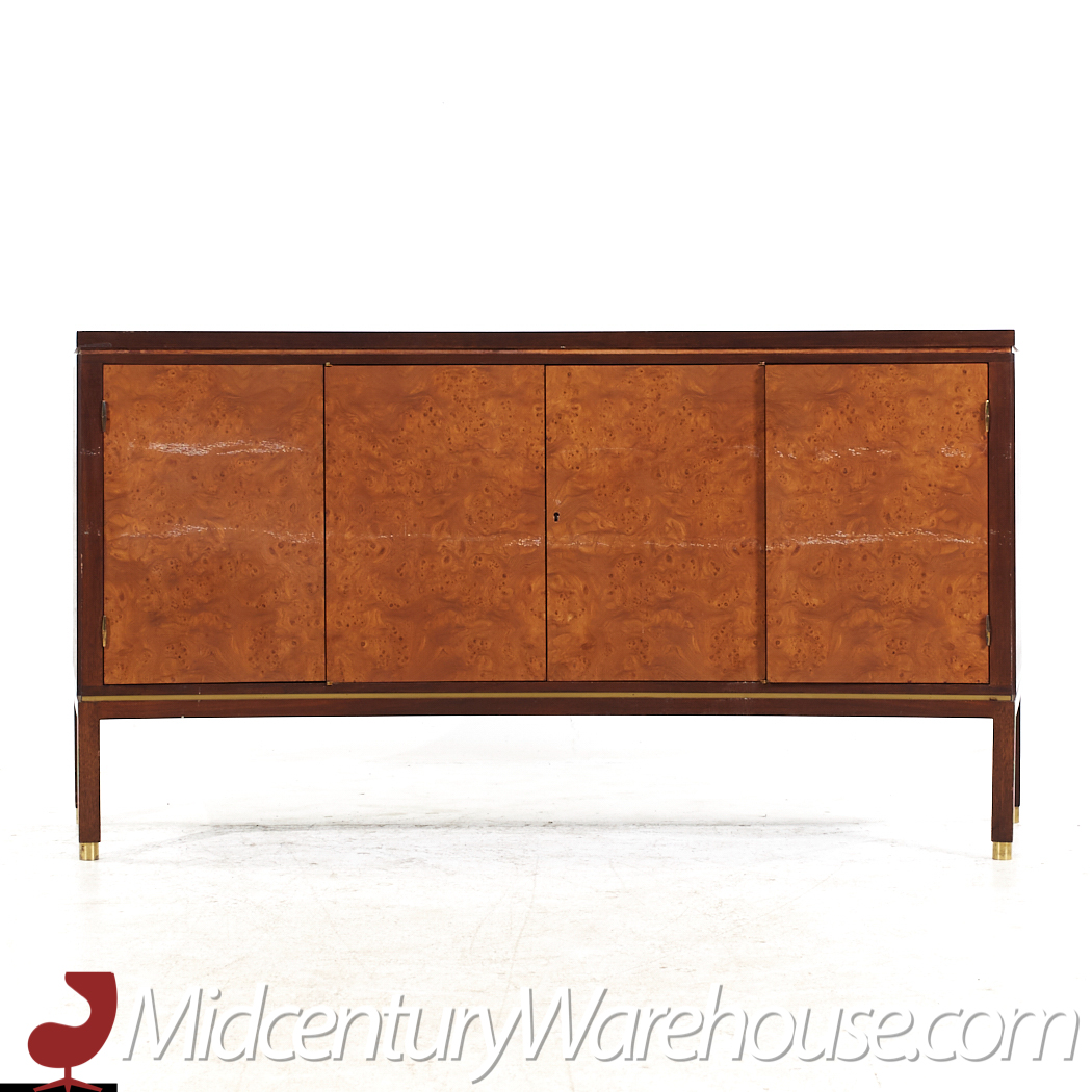Edward Wormley for Dunbar Mid Century Curved Front Burlwood, Mahogany and Brass Credenza - Pair