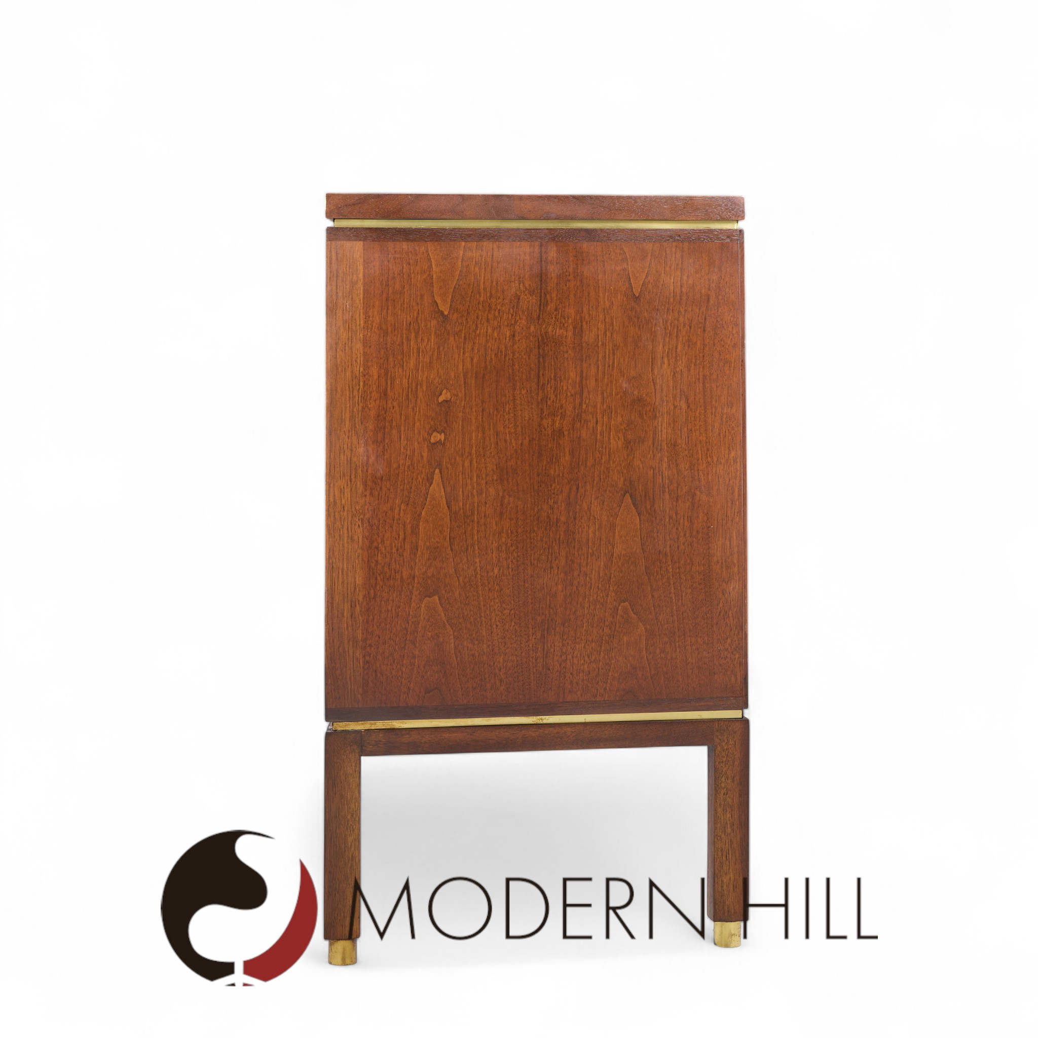 Edward Wormley for Dunbar Mid Century Curved Front Burlwood, Mahogany and Brass Credenza