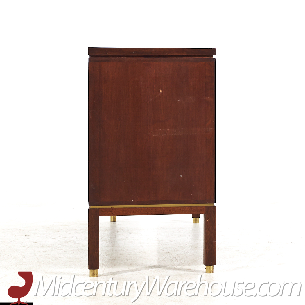 Edward Wormley for Dunbar Mid Century Curved Front Burlwood, Mahogany and Brass Credenza - Pair
