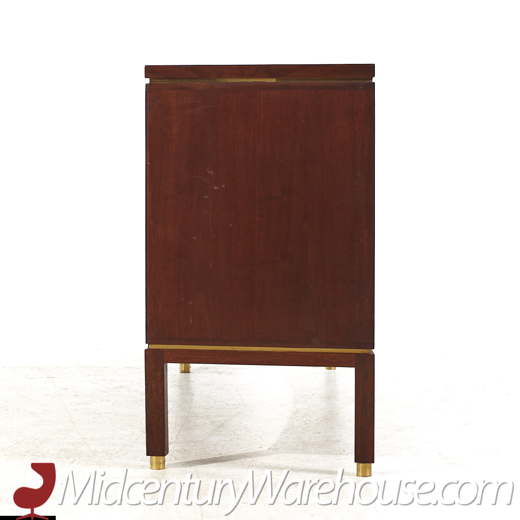 Edward Wormley for Dunbar Mid Century Curved Front Burlwood, Mahogany and Brass Credenza - Pair