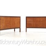 Edward Wormley for Dunbar Mid Century Curved Front Burlwood, Mahogany and Brass Credenza - Pair