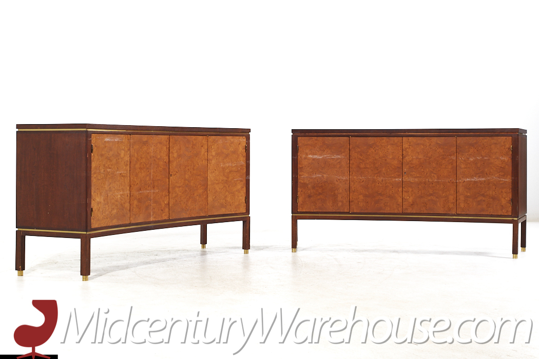 Edward Wormley for Dunbar Mid Century Curved Front Burlwood, Mahogany and Brass Credenza - Pair