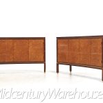 Edward Wormley for Dunbar Mid Century Curved Front Burlwood, Mahogany and Brass Credenza - Pair