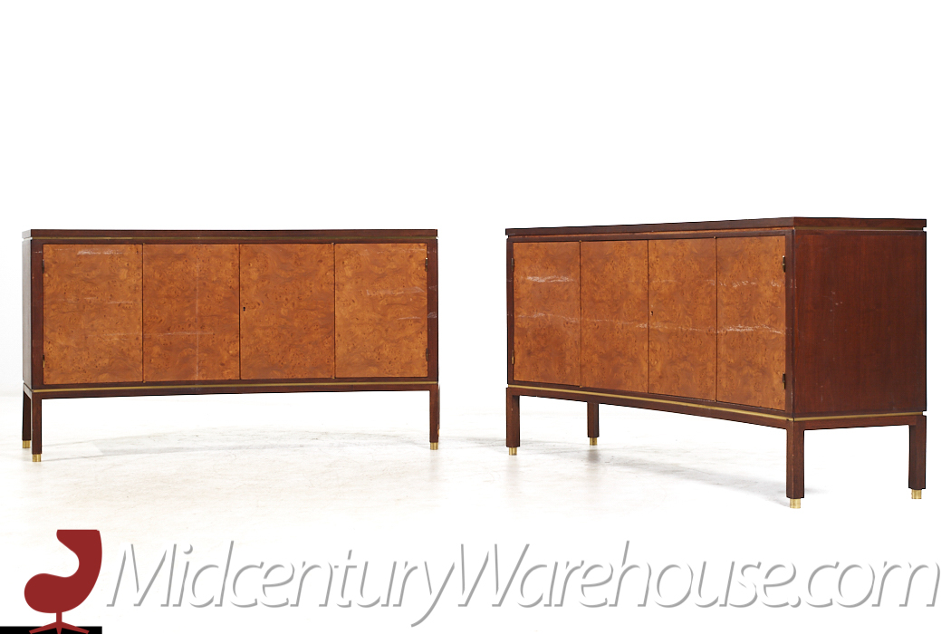 Edward Wormley for Dunbar Mid Century Curved Front Burlwood, Mahogany and Brass Credenza - Pair